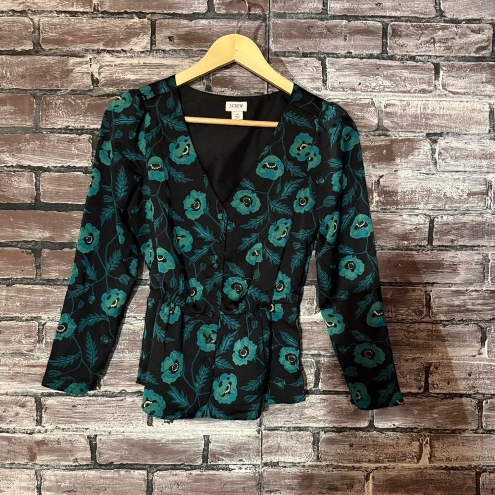 J.Crew – Floral Peplum Blouse – Women – 00 – Black Teal – Long Sleeve